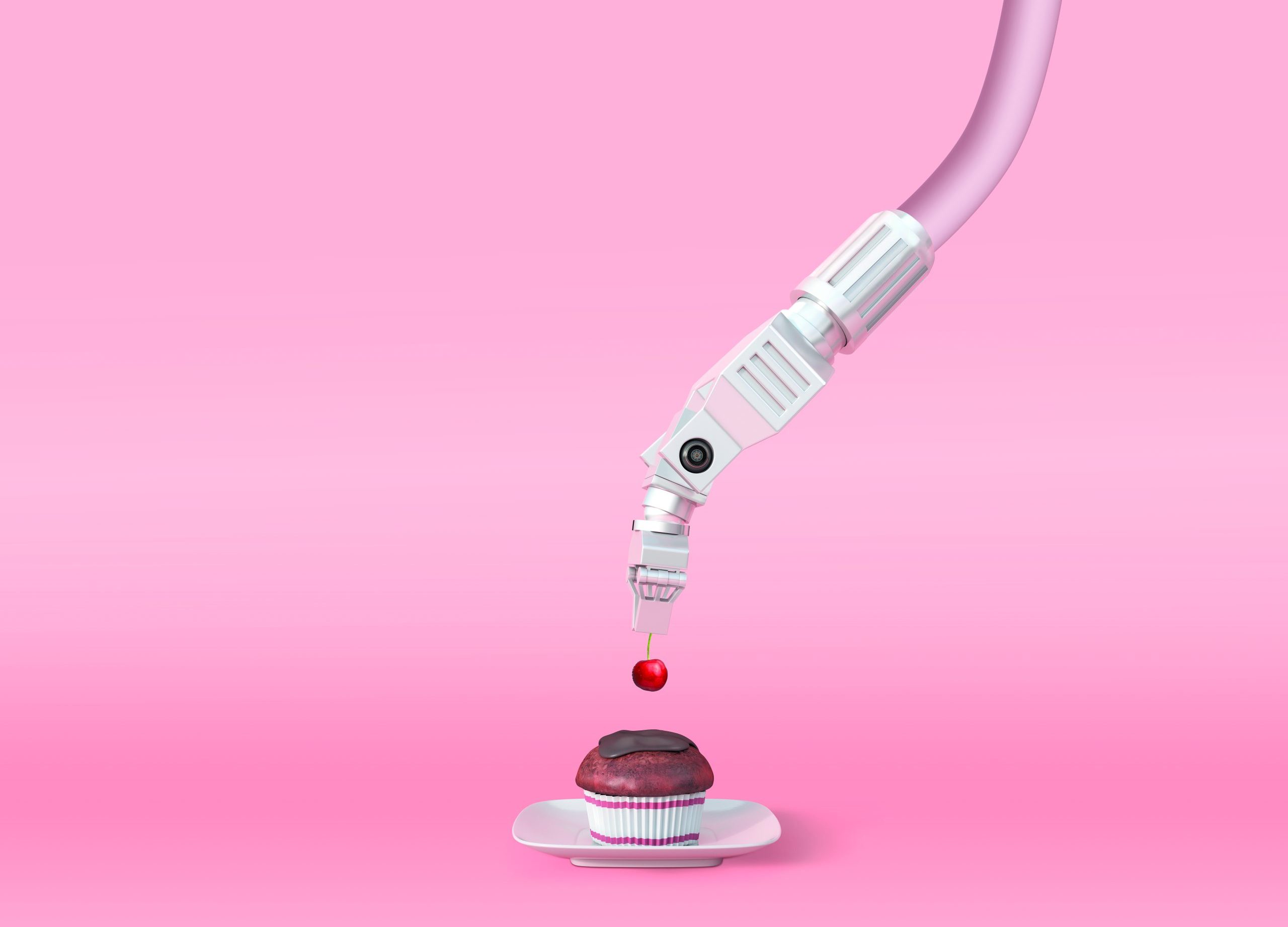 Illustration représentant un bras robotique technique saisissant une cerise et la déposant sur un cupcake