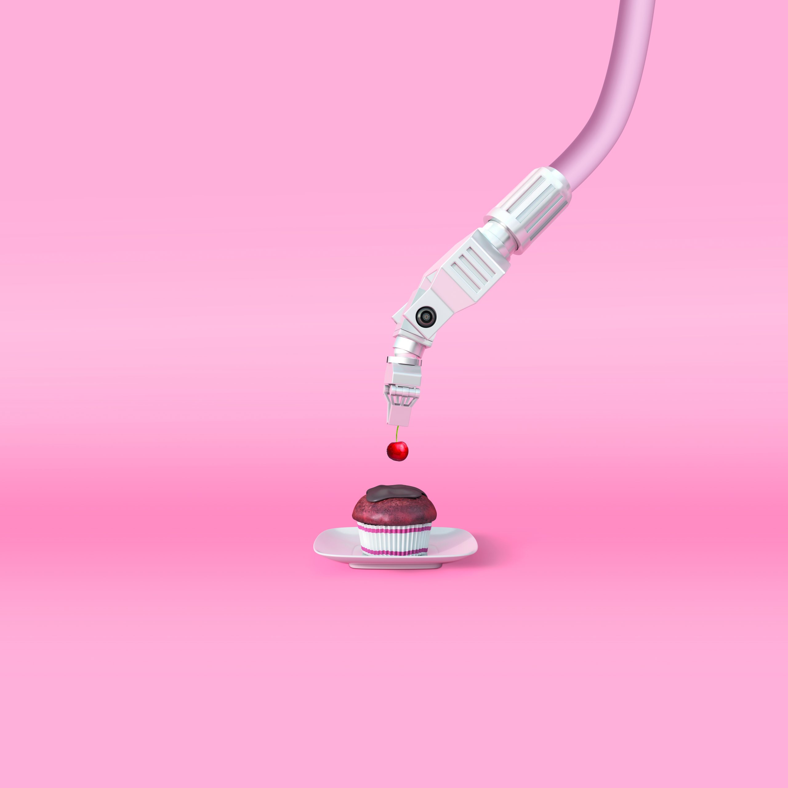 Illustration représentant un bras robotique technique saisissant une cerise et la déposant sur un cupcake