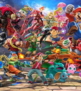 Illustration représentant plusieurs personnages de Smash Bros en train de combattre