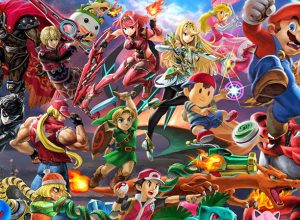 Illustration représentant plusieurs personnages de Smash Bros en train de combattre