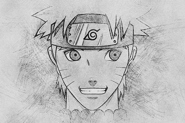 Illustration représentant le personnage de naruto crayonné en noir et blanc