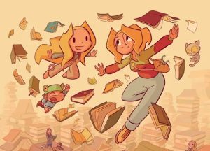 Illustration de Julien Neel représentant deux personnages en train de voler au milieu des livres.