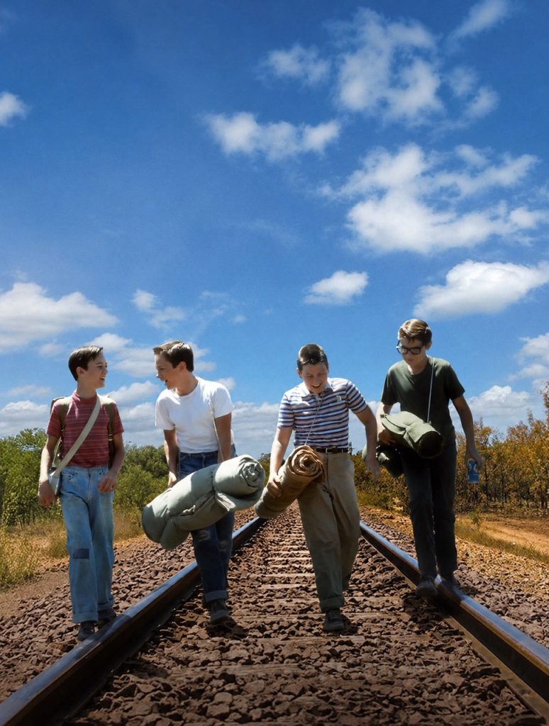 Photo représentant 4 adolescents en train de marcher sur un chemin de fer en discutant