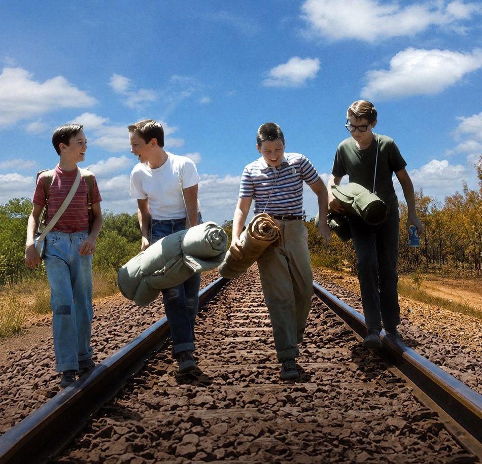Photo représentant 4 adolescents en train de marcher sur un chemin de fer en discutant