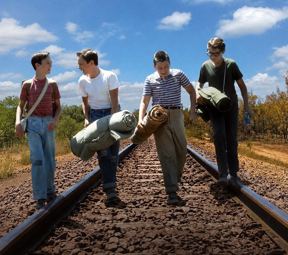 Photo représentant 4 adolescents en train de marcher sur un chemin de fer en discutant