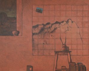 Oeuvre de Don jacques Ciccolini représentant sur un fond couleur brique un atelier de peinture avec pot de crayon et une montage dessinée au crayon sur le mur.